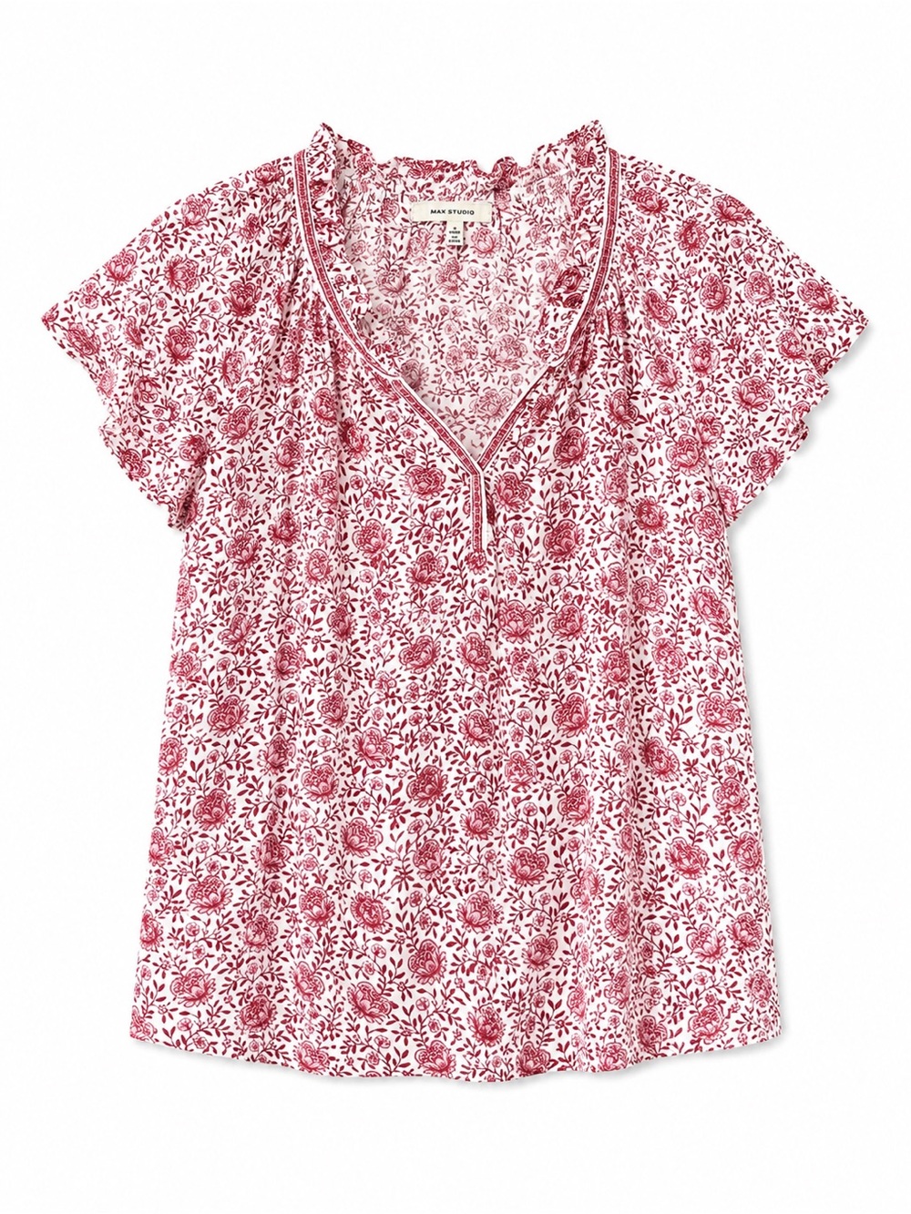 Max Studio Women's Roseberry Floral Flutter Sleeve Top Red Boho Blouse | Size S